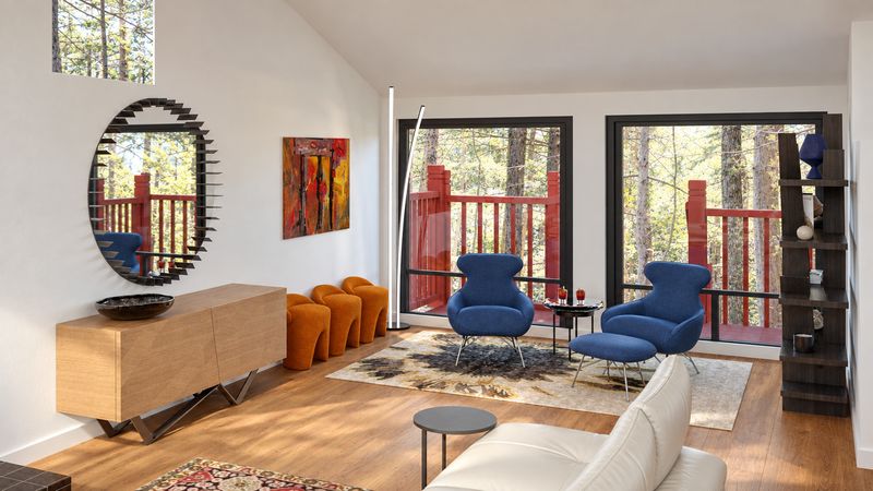 Blue lounge chairs by glass doors to a red deck, design visualization