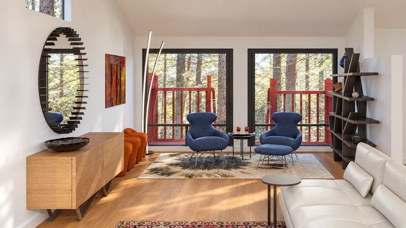 Sitting area with blue lounge chairs, a wood credenza, and a round mirror, design visualization