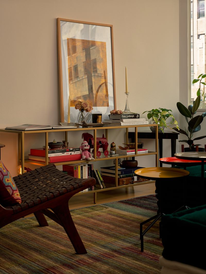 Living room shelves with books, art, and plants