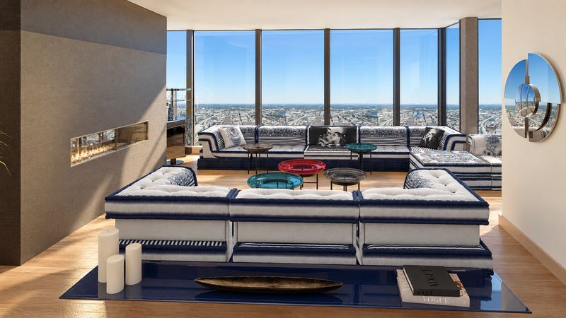 Striped sectional facing floor-to-ceiling windows, design visualization
