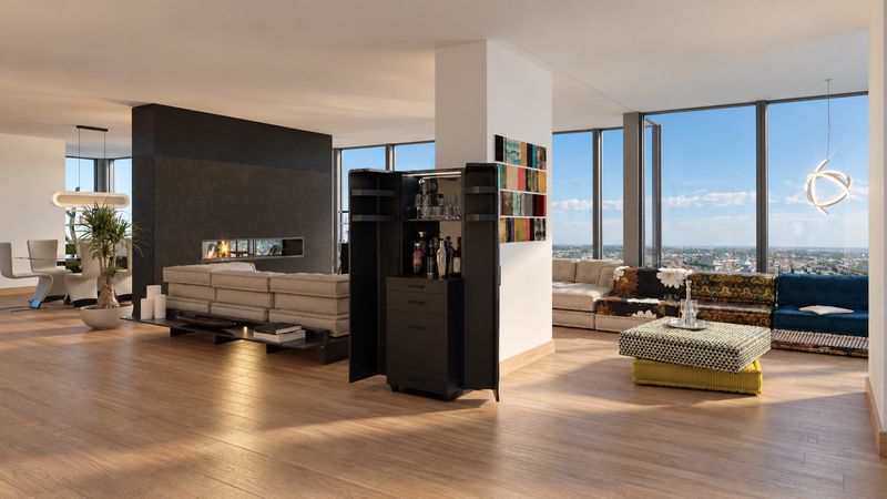 Lounge with a bar cabinet, a sofa, and skyline views, design visualization