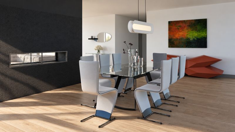 Dining table with sculptural chairs beside a black fireplace wall, design visualization