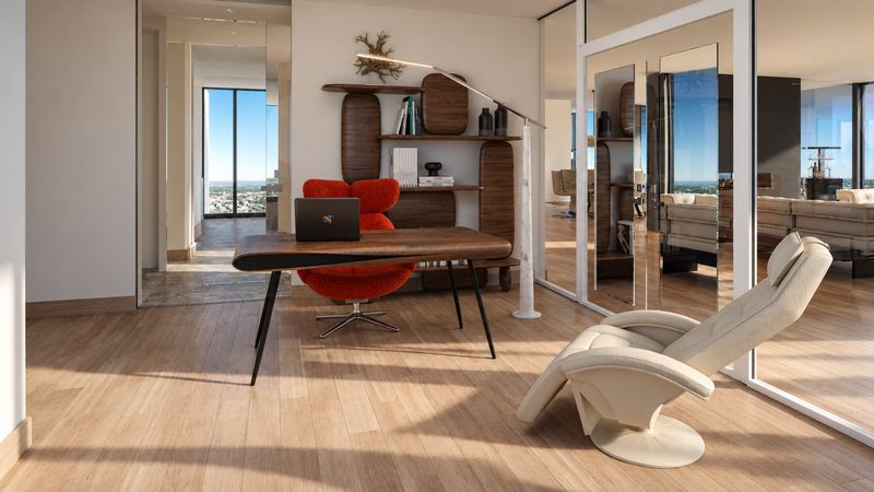 Study with a desk, a red chair, and a white lounge chair, design visualization