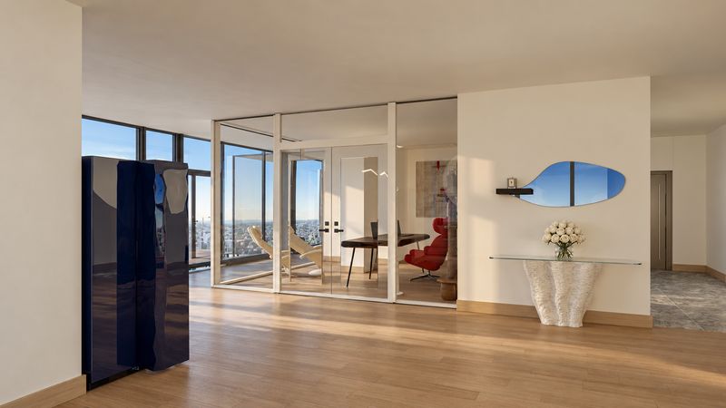 Entry with a lacquered cabinet and glass partitions, design visualization