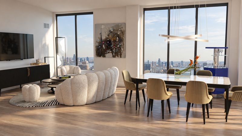 Open living and dining room with walls of windows over the city, design visualization