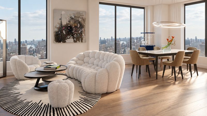 Curved white sofa and poufs beside the dining table and ring pendant, design visualization