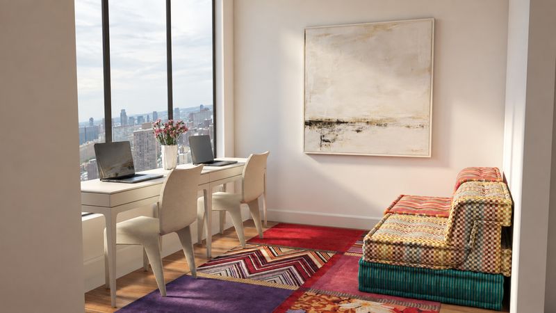 Home office with a writing desk, a patterned rug, and a colorful modular sofa, design visualization