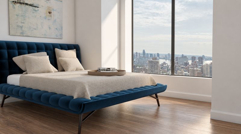 Bedroom with a tufted navy bed and a skyline view, design visualization