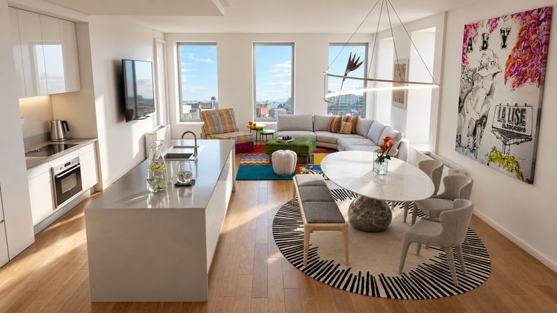 Kitchen, dining, and living areas in one bright loft, design visualization