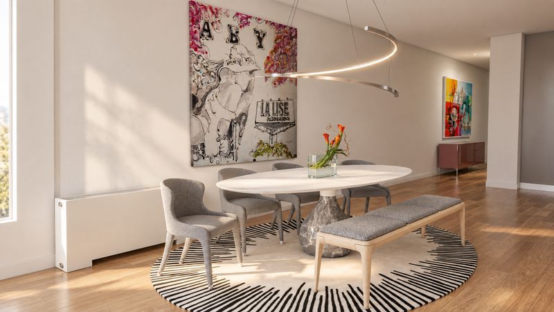 Dining area with an oval table, a bench, and a pop art portrait, design visualization