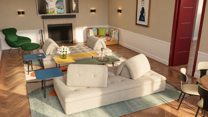 Seating in front of the fireplace with green lounge chairs, design visualization