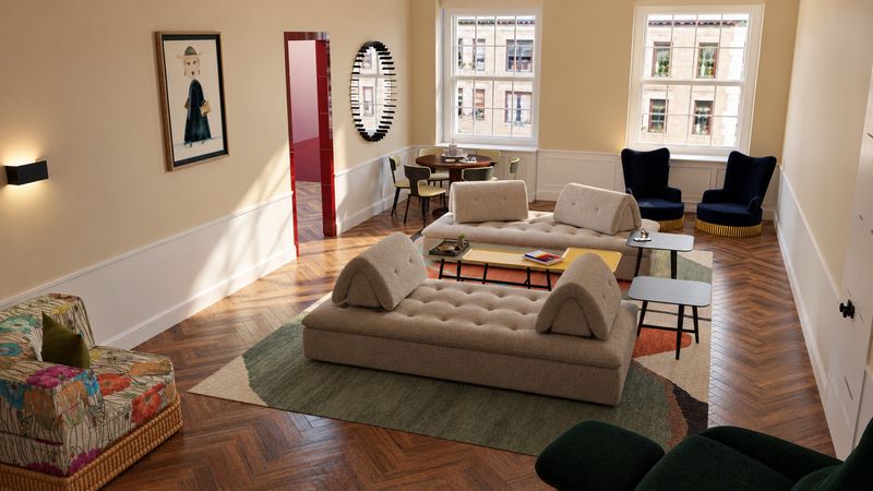 Living room with a patterned armchair and a round mirror by the red door, design visualization