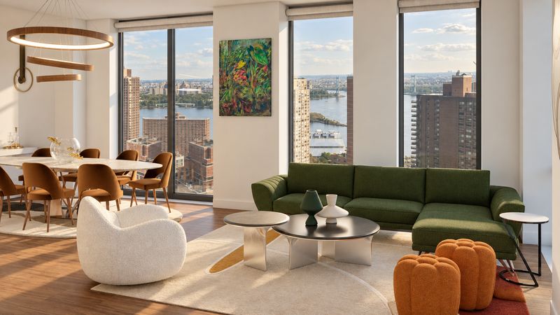 Family living room with green sectional and orange ottomans, design visualization