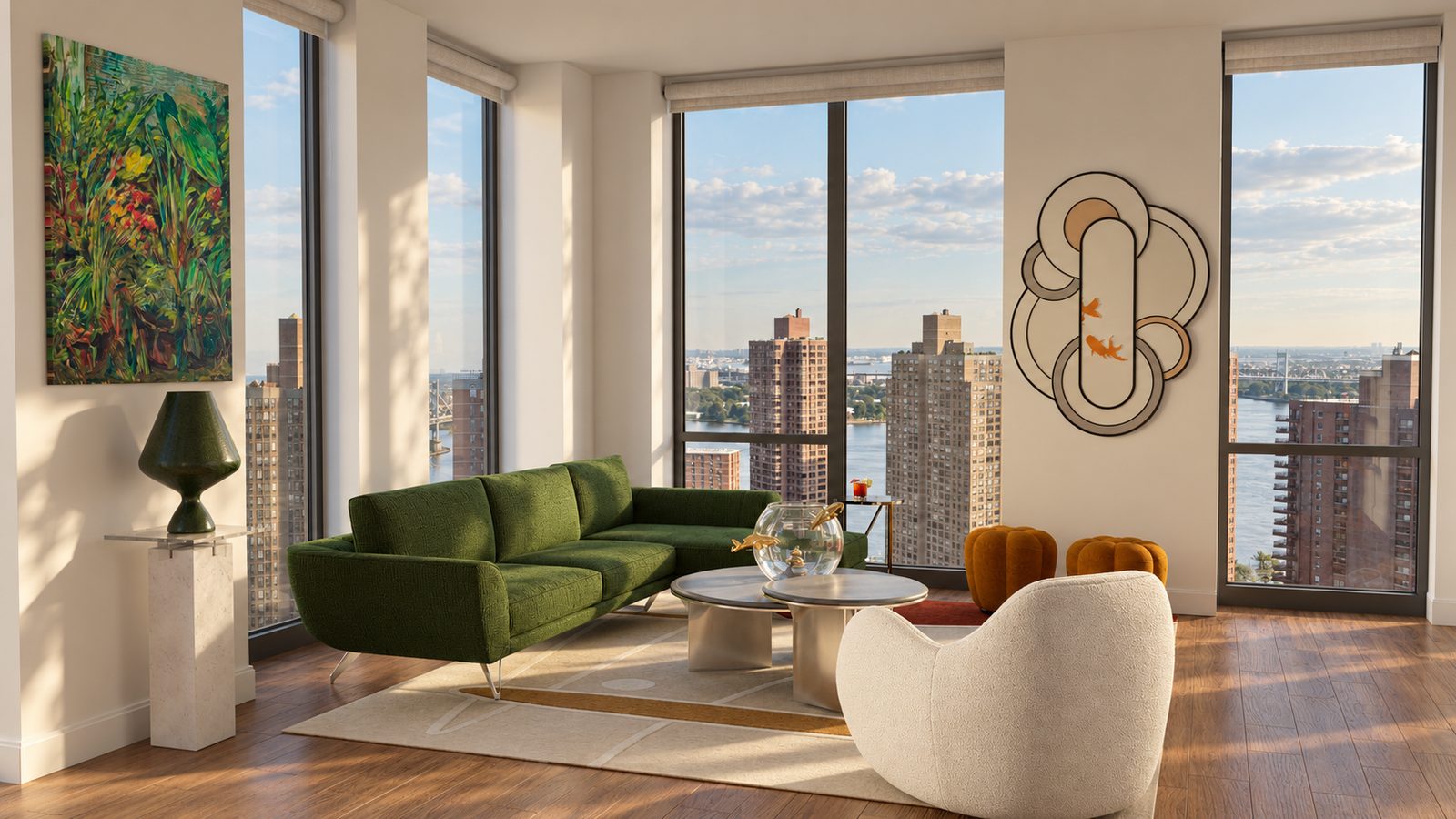 Design visualization of an Upper East Side condominium living room with a green sectional and river views