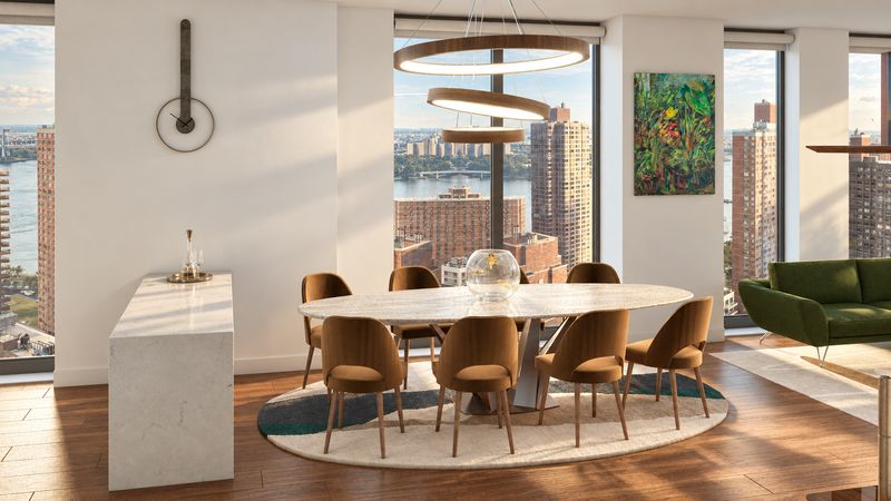 Dining table with caramel chairs beneath a ring chandelier, design visualization