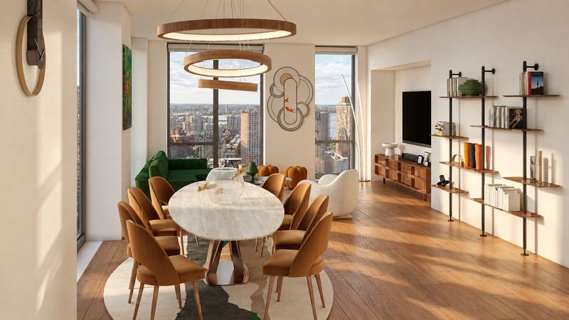 Dining area with an oval table and open shelving, design visualization