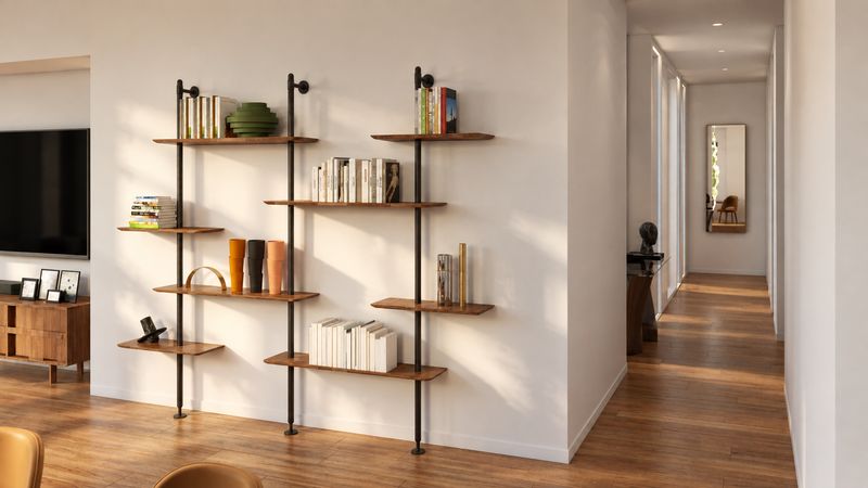 Open shelving and a hallway leading to the bedrooms, design visualization