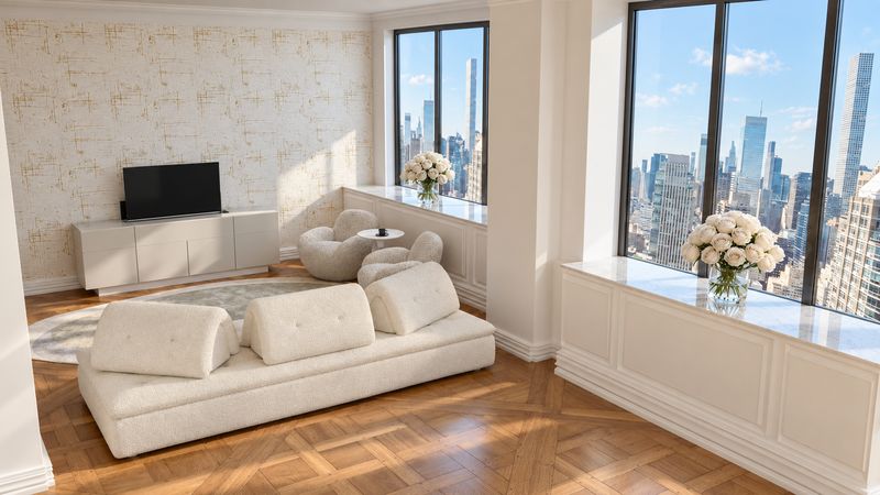 Tufted cream sofa beside a wide window with a view of Midtown, design visualization