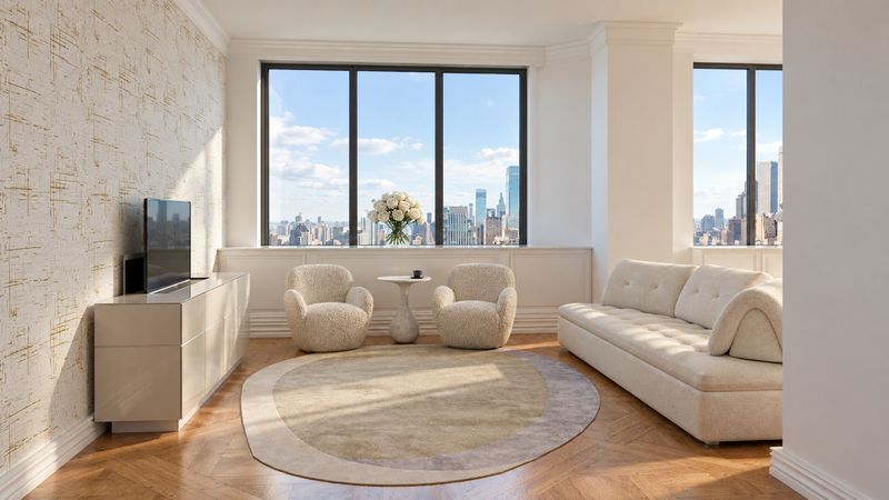 Living room with a television console and paired lounge chairs, design visualization