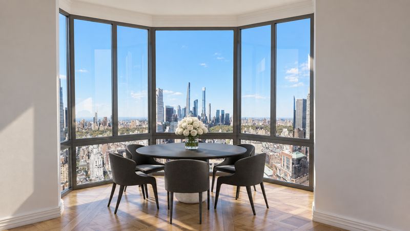 Round dining table in a bay window above the city, design visualization