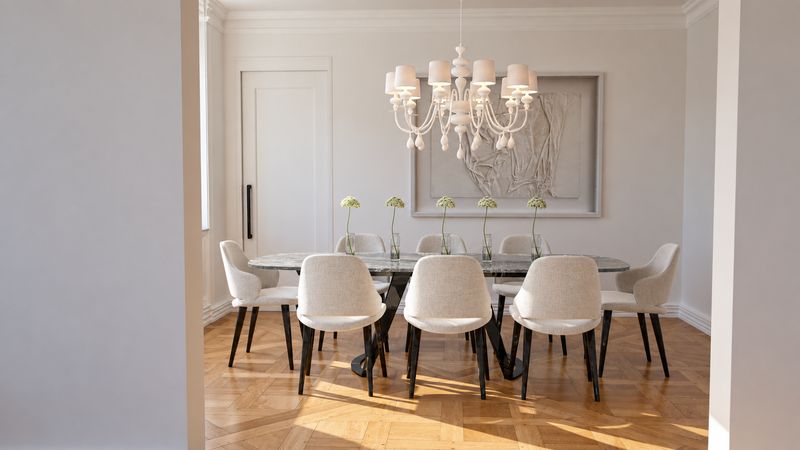Dining room with a crystal chandelier and white upholstered chairs, design visualization
